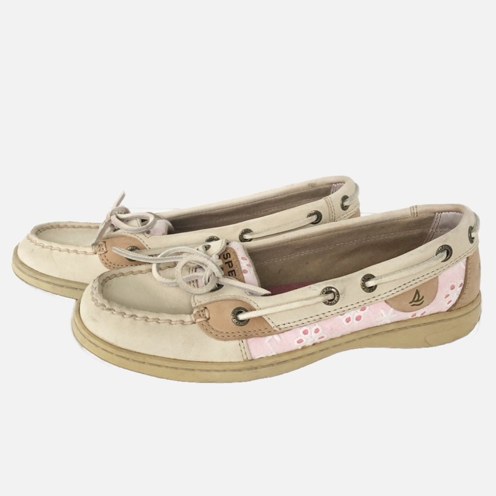 Sperry Topsiders Leather & Pink Eyelet Classic Boat Shoes Leather Laces Slip Ons